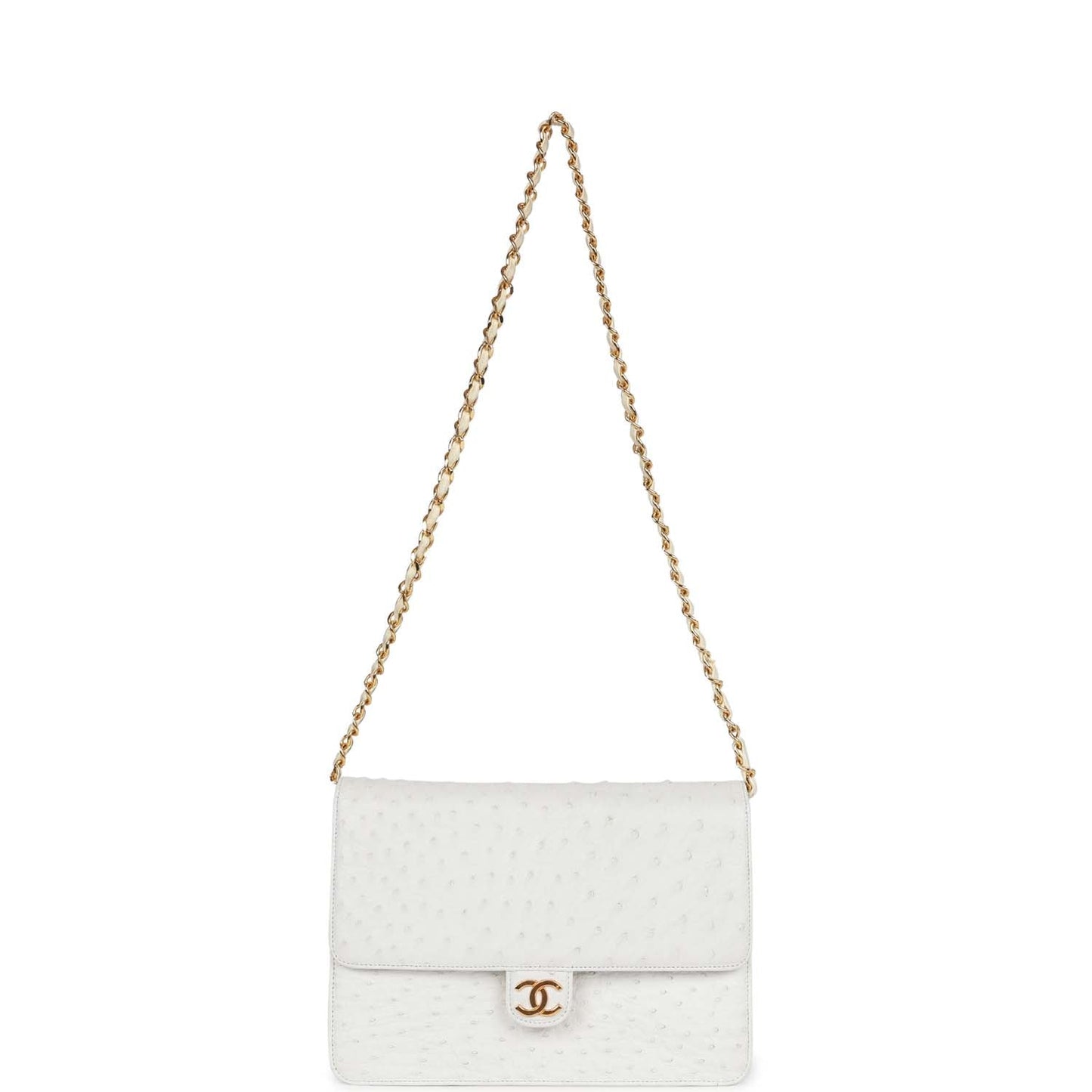Chanel  Single Flap Bag White Ostrich Gold Hardware