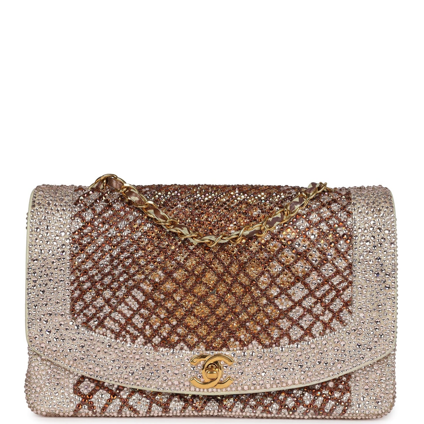 Custom Swarovski Crystal Chanel  Medium Diana Flap Bag Beige Lambskin Gold Hardware