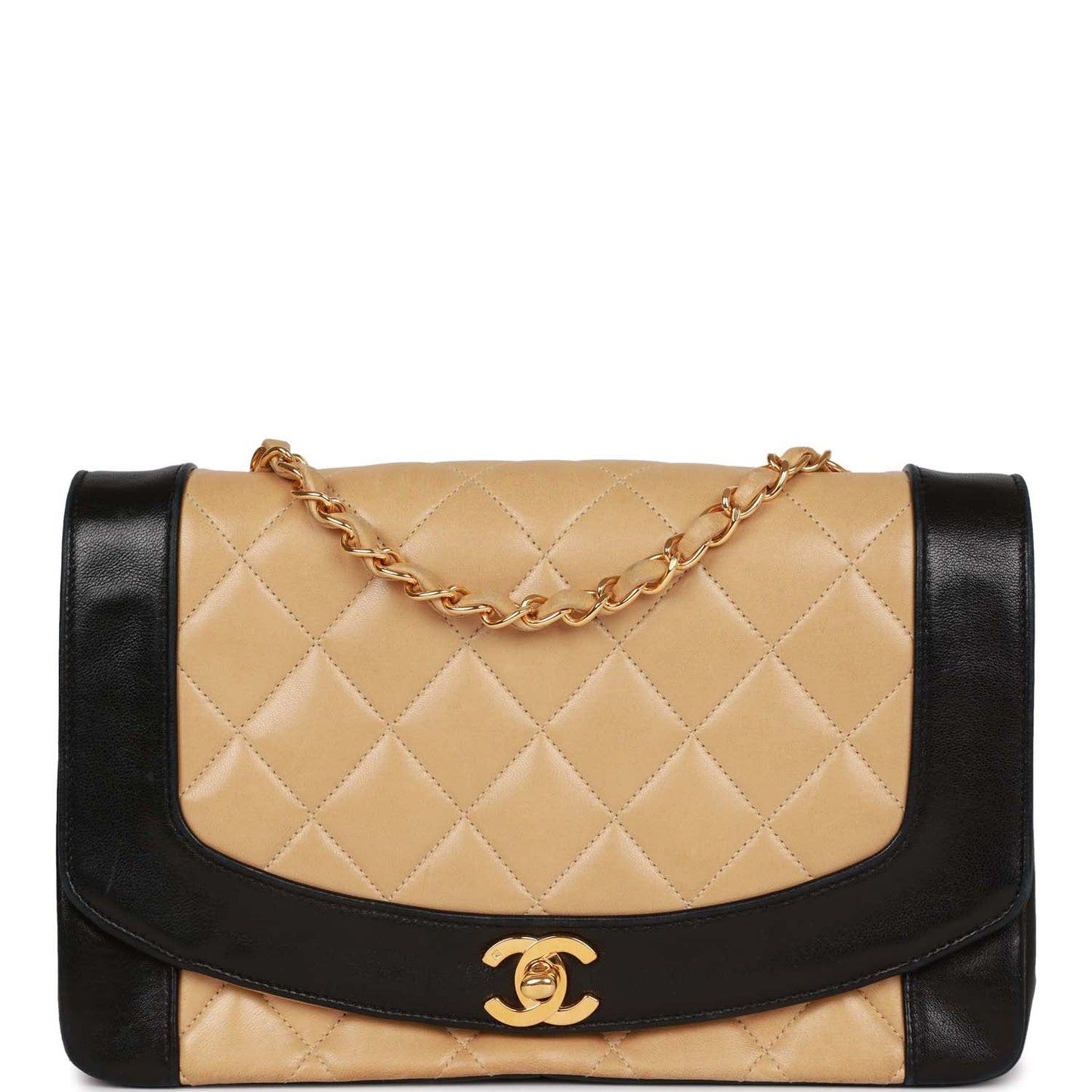 Chanel  Medium Diana Flap Bag Black and Beige Lambskin Gold Hardware