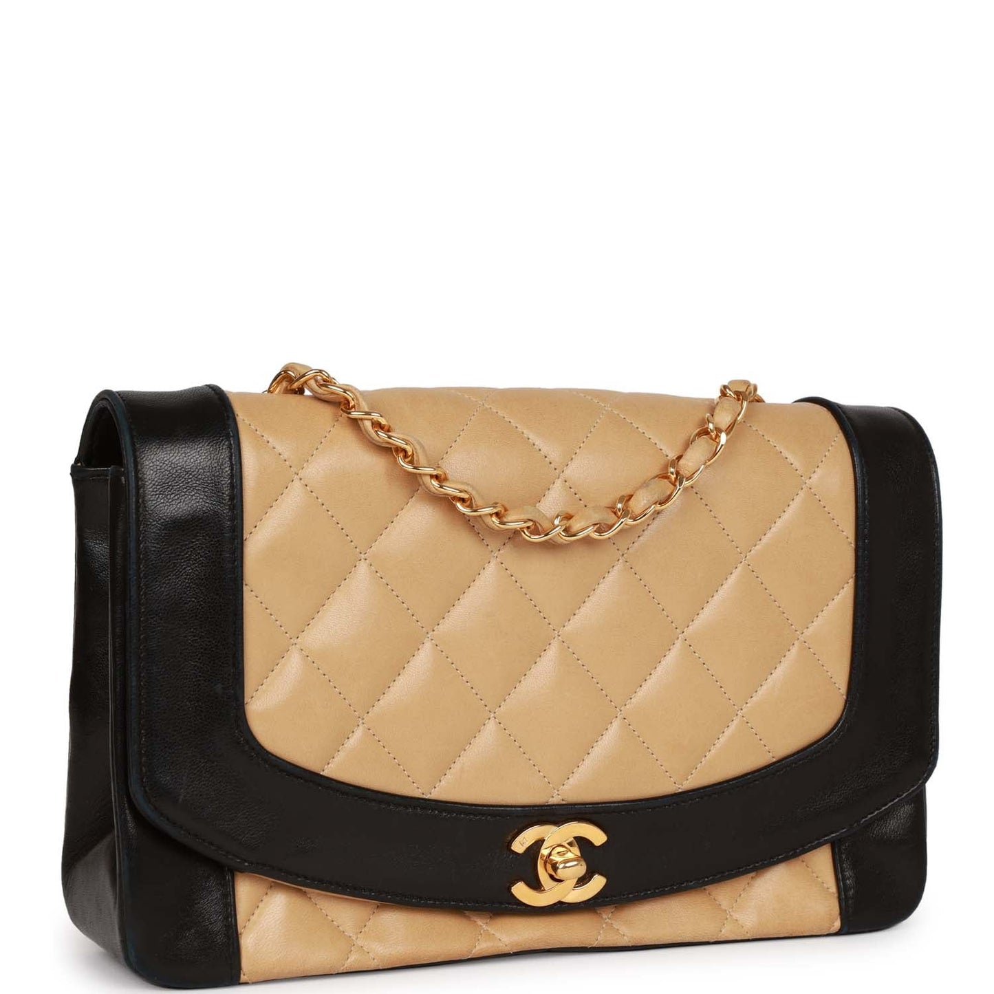 Chanel  Medium Diana Flap Bag Black and Beige Lambskin Gold Hardware