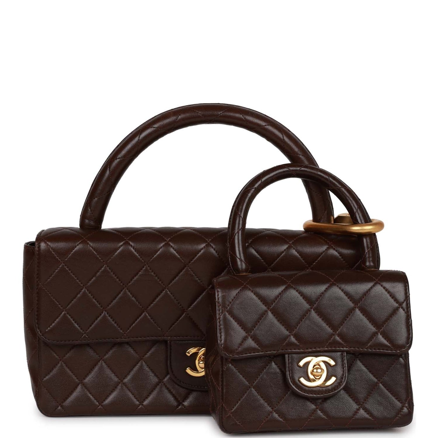 Chanel  Kelly Parent and Child Flap Bag Set Brown Lambskin Gold Hardware