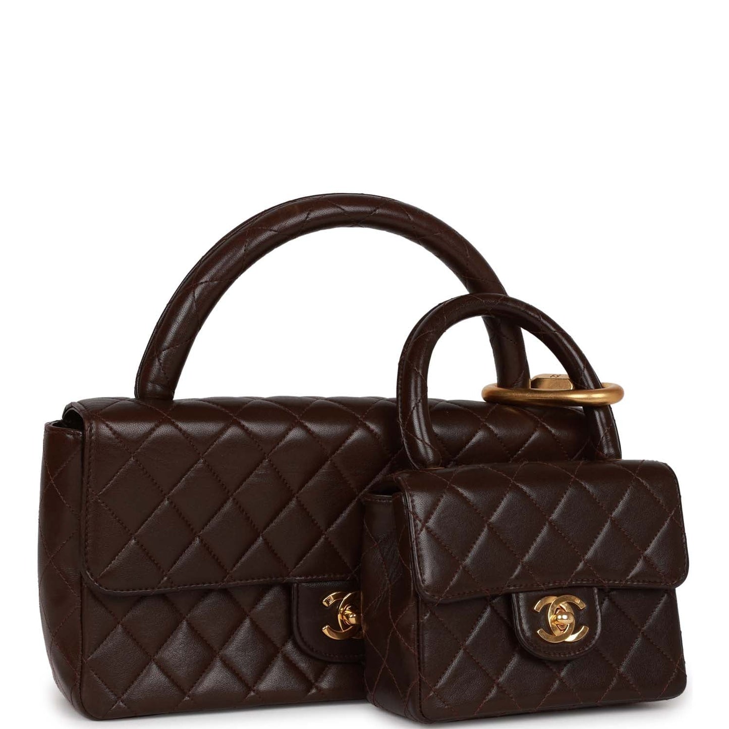 Chanel  Kelly Parent and Child Flap Bag Set Brown Lambskin Gold Hardware