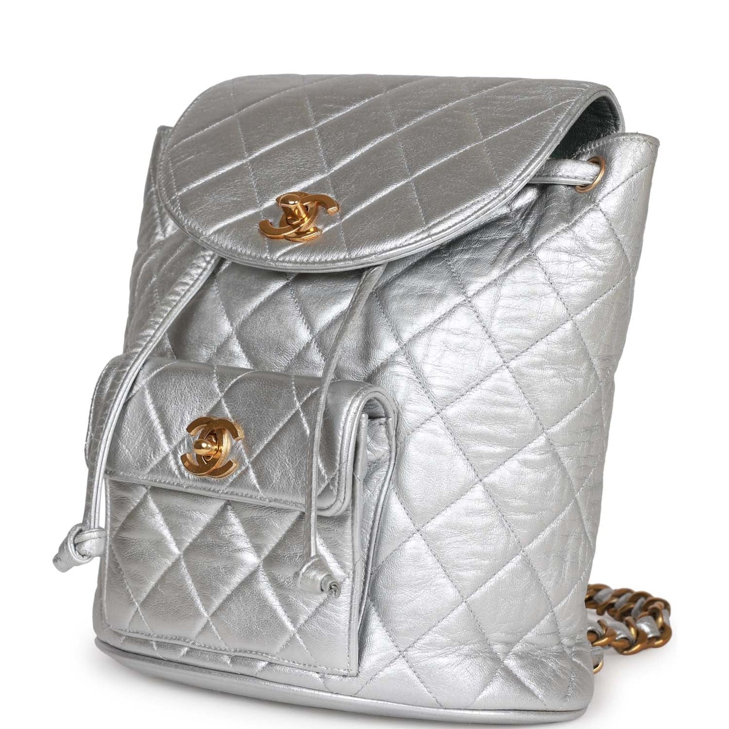 Chanel  Duma Backpack Silver Metallic Lambskin Gold Hardware