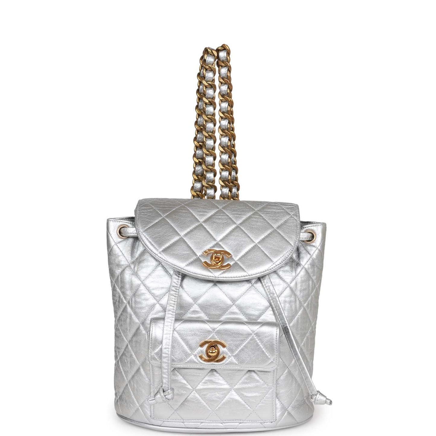 Chanel  Duma Backpack Silver Metallic Lambskin Gold Hardware