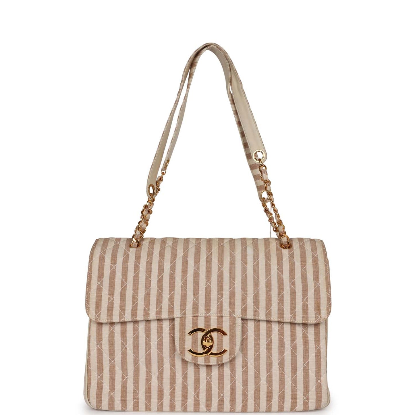Chanel  XXL Travel Flap Bag Striped Linen Gold Hardware