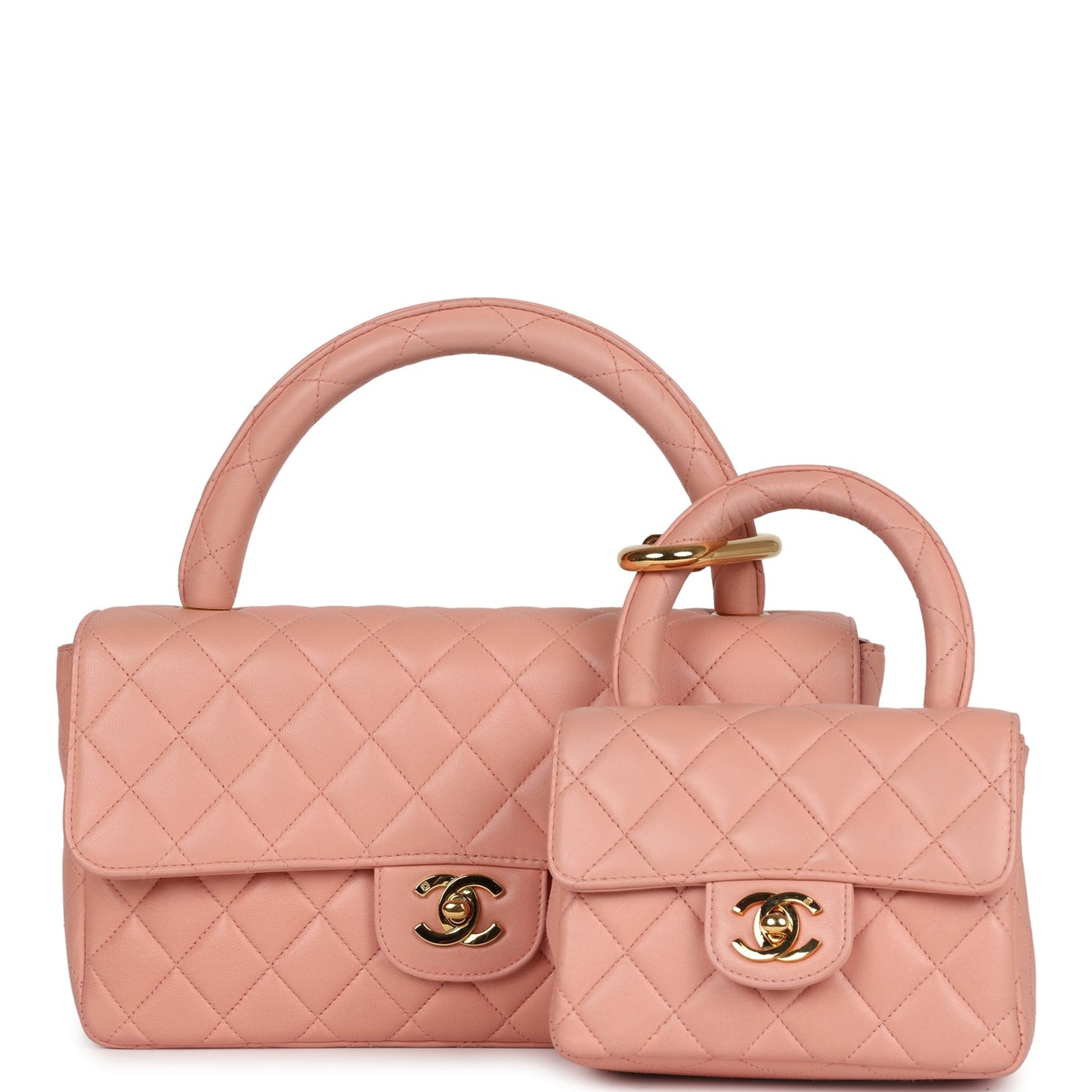 Chanel  Kelly Parent and Child Flap Bag Set Pink Lambskin Gold Hardware