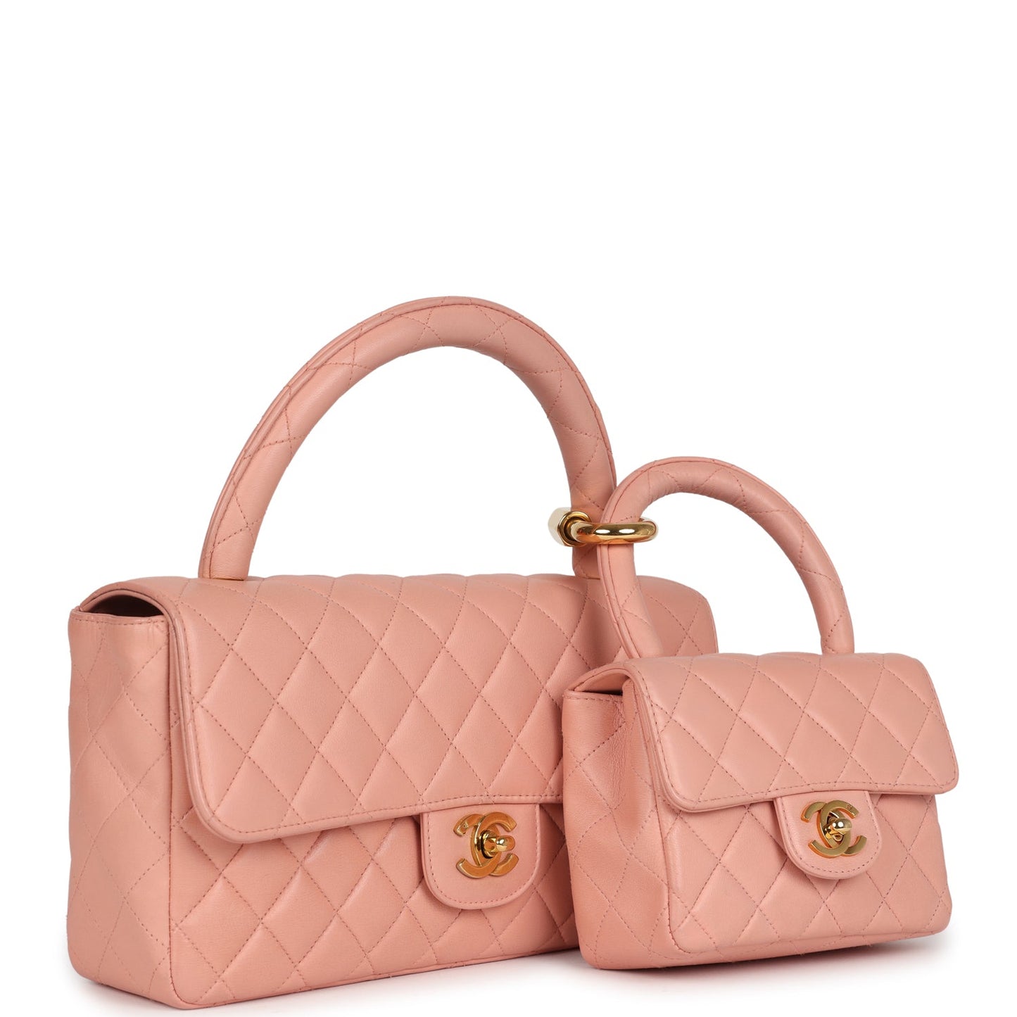 Chanel  Kelly Parent and Child Flap Bag Set Pink Lambskin Gold Hardware