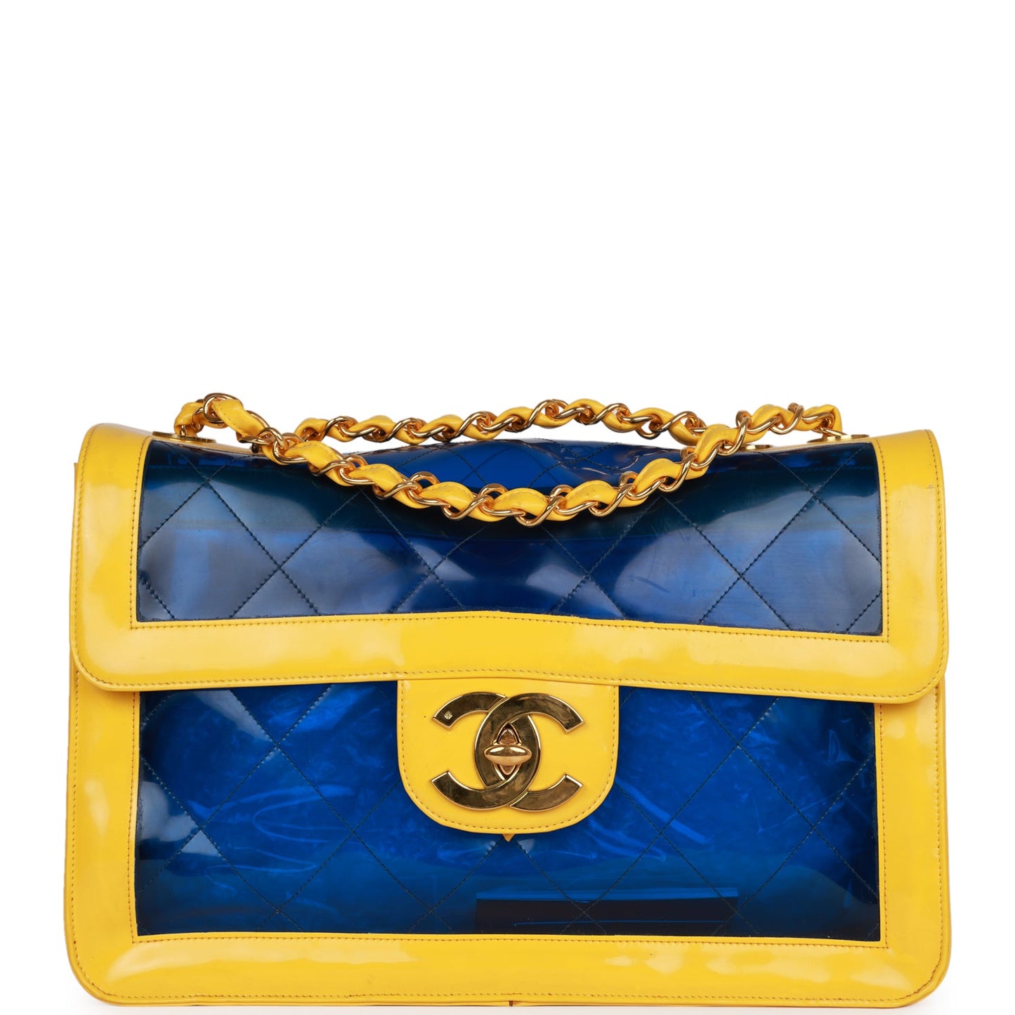 Chanel  Maxi Flap Bag Yellow/Blue Quilted Patent Leather Gold Hardware