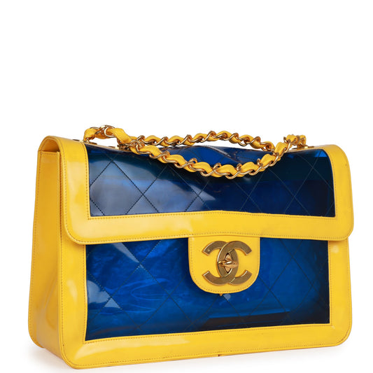 Chanel  Maxi Flap Bag Yellow/Blue Quilted Patent Leather Gold Hardware