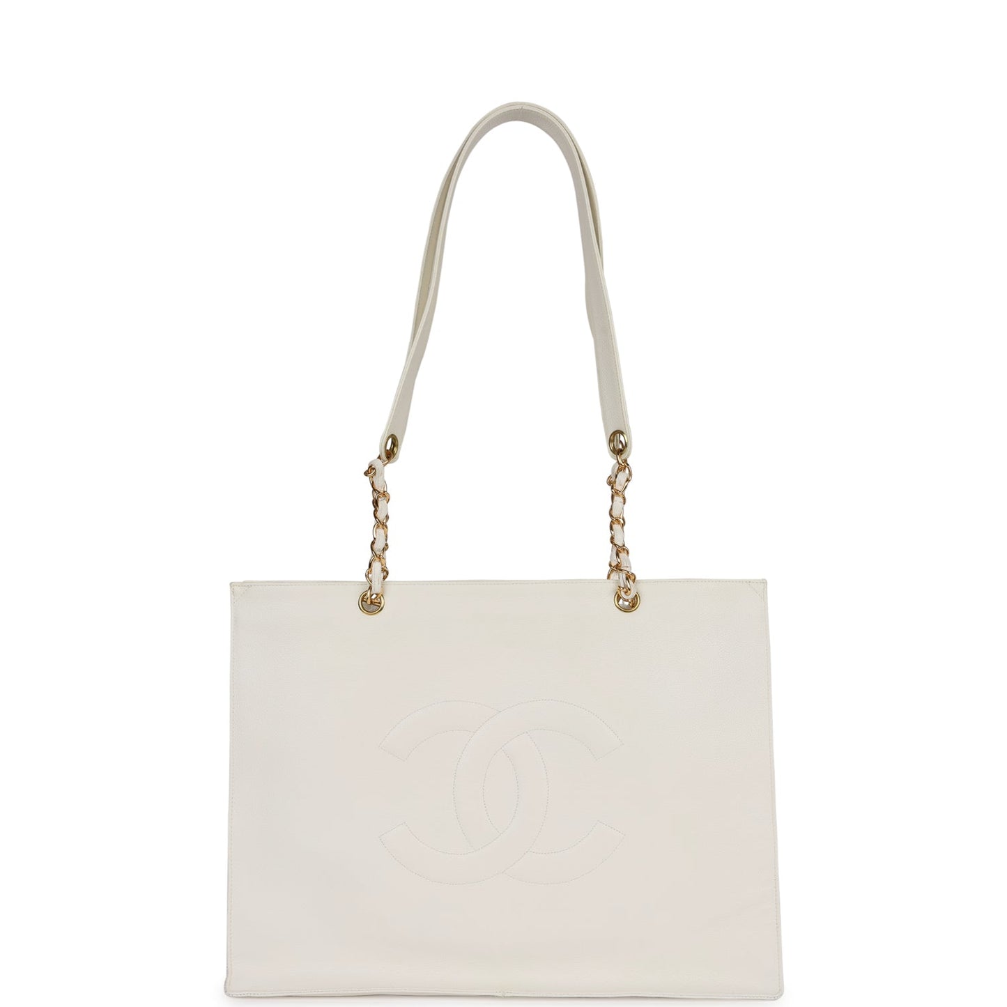 Chanel  CC Chain Shopping Tote Bag White Caviar Gold Hardware