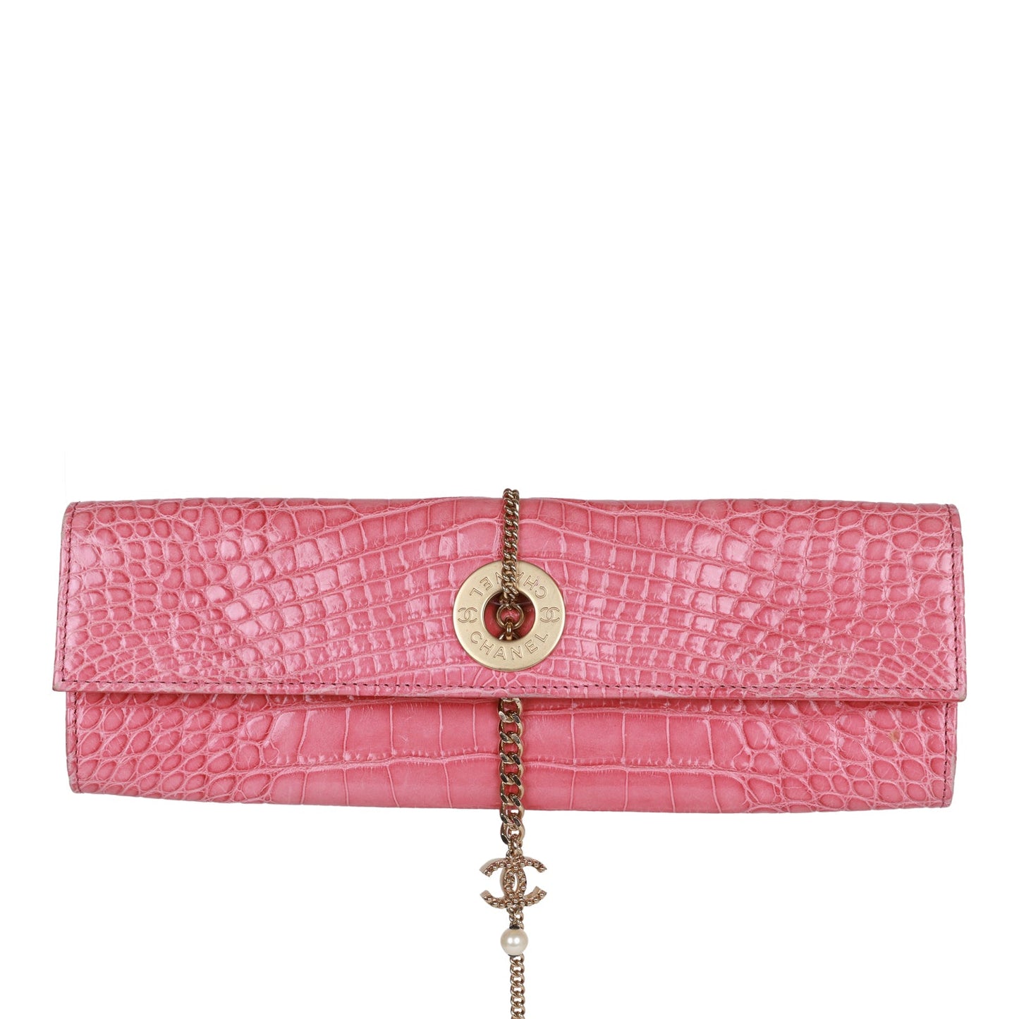 Chanel  Chain Envelope Evening Clutch Bag Pink Crocodile Gold Hardware