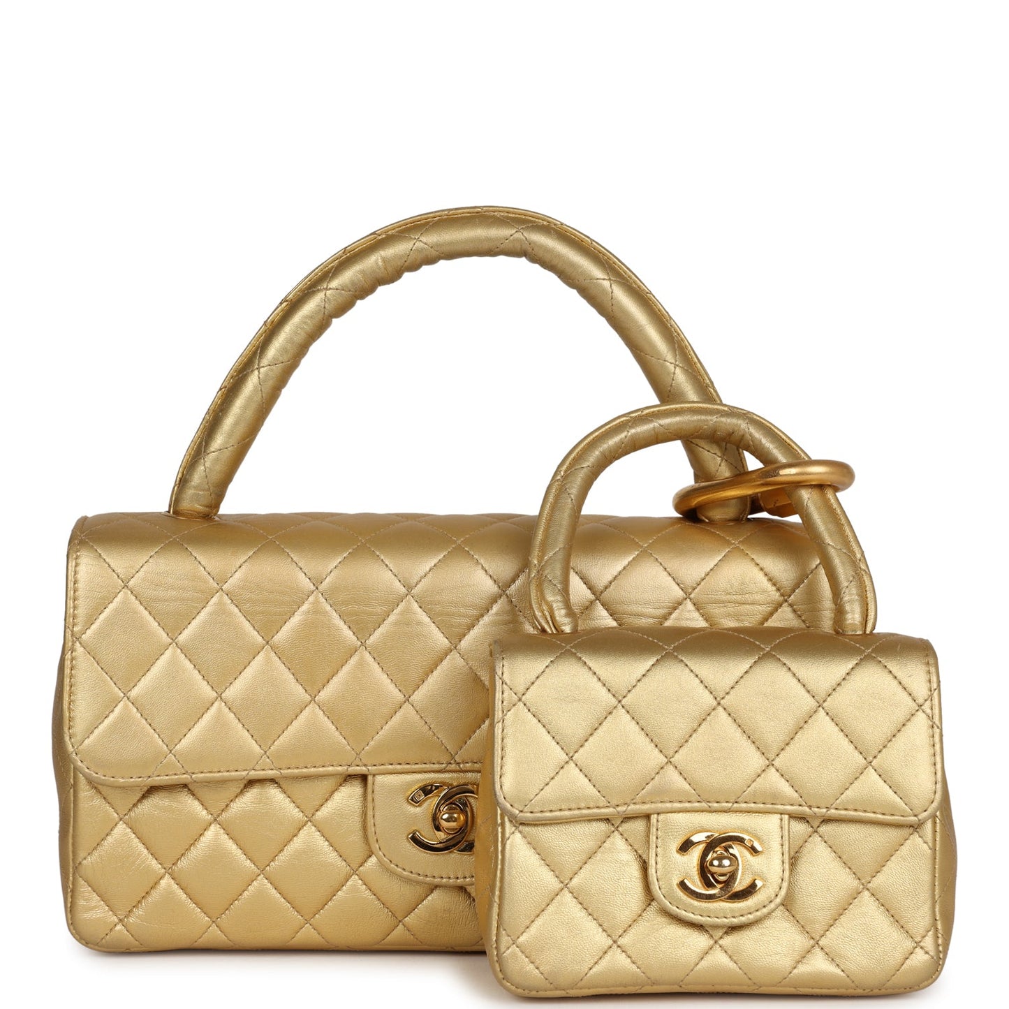 Chanel  Kelly Parent and Child Flap Bag Set Gold Metallic Lambskin Gold Hardware
