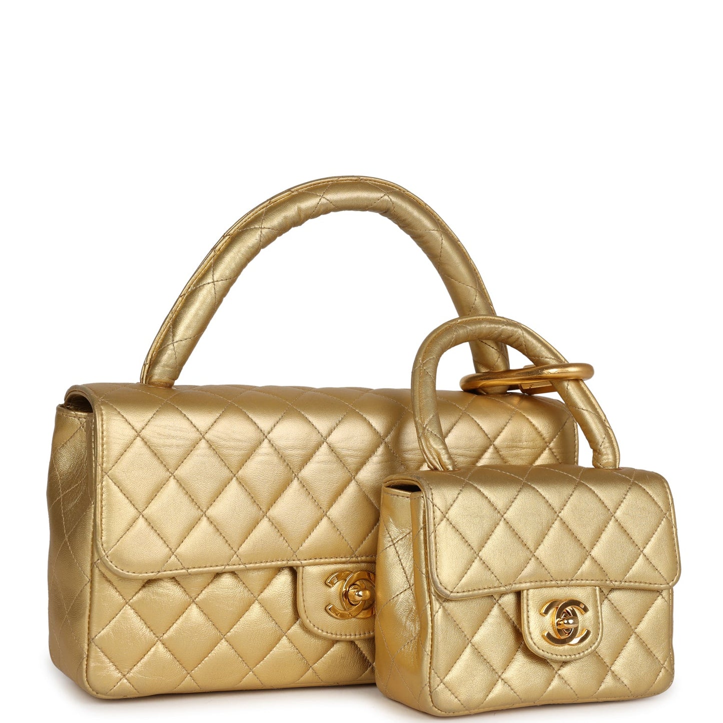 Chanel  Kelly Parent and Child Flap Bag Set Gold Metallic Lambskin Gold Hardware