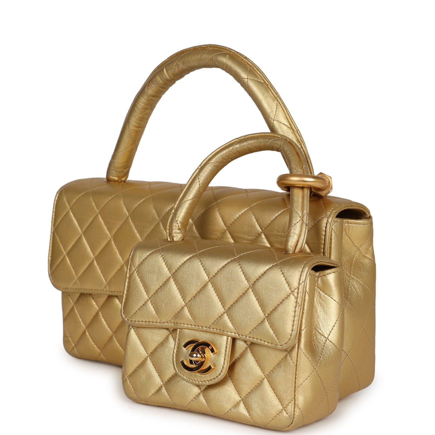 Chanel Kelly Parent and Child Flap Bag Set Gold Metallic Lambskin Gold Hardware