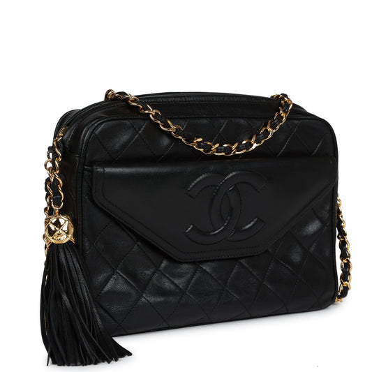 Chanel  Quilted Front Pocket Camera Bag Black Lambskin Gold Hardware
