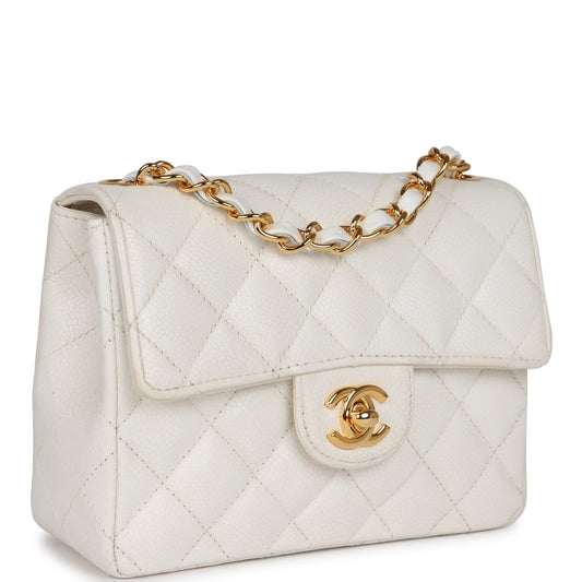 Chanel  Mini Square Flap White Caviar Gold Hardware