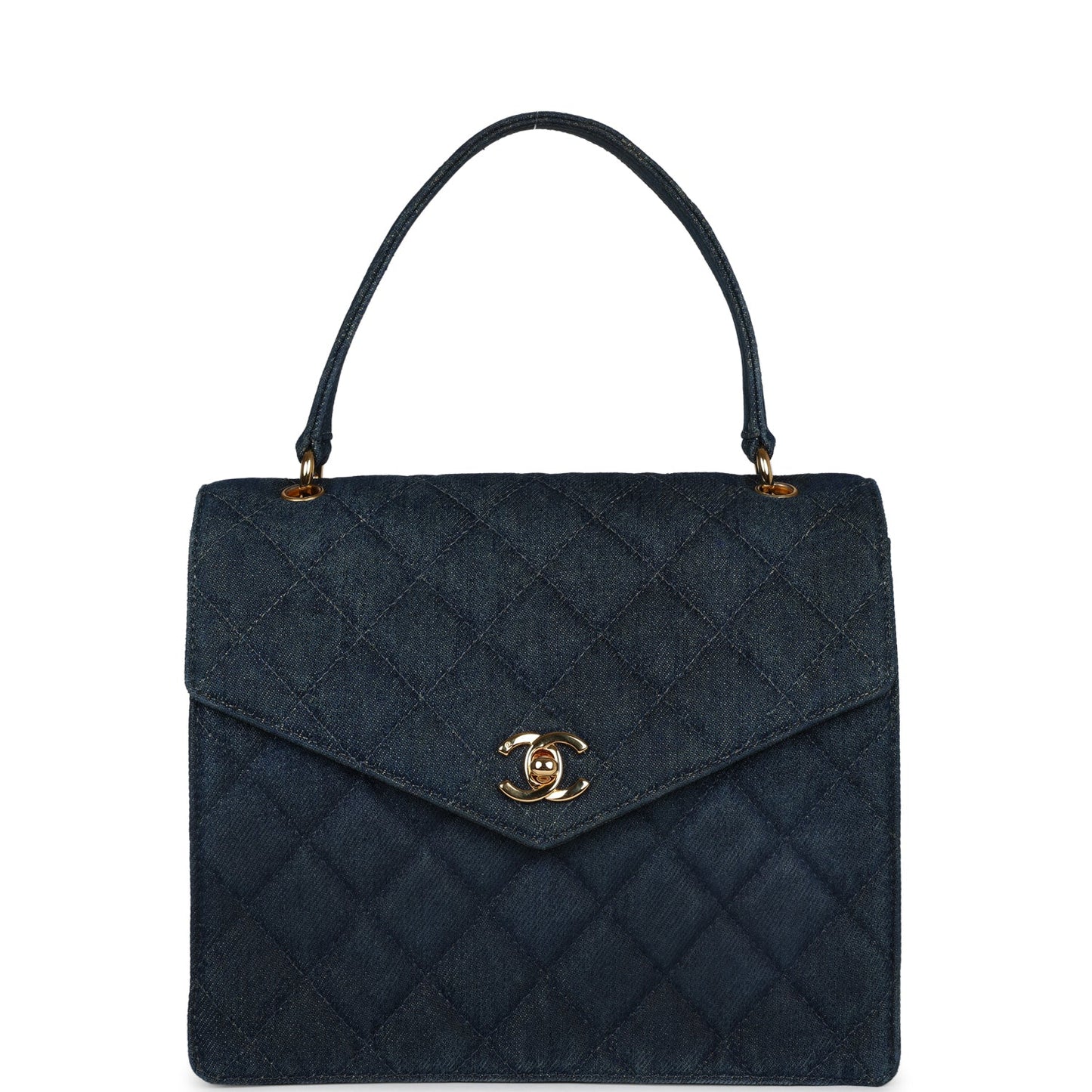 Chanel Envelope Flap Top Handle Handbag Dark Blue Denim Gold Hardware