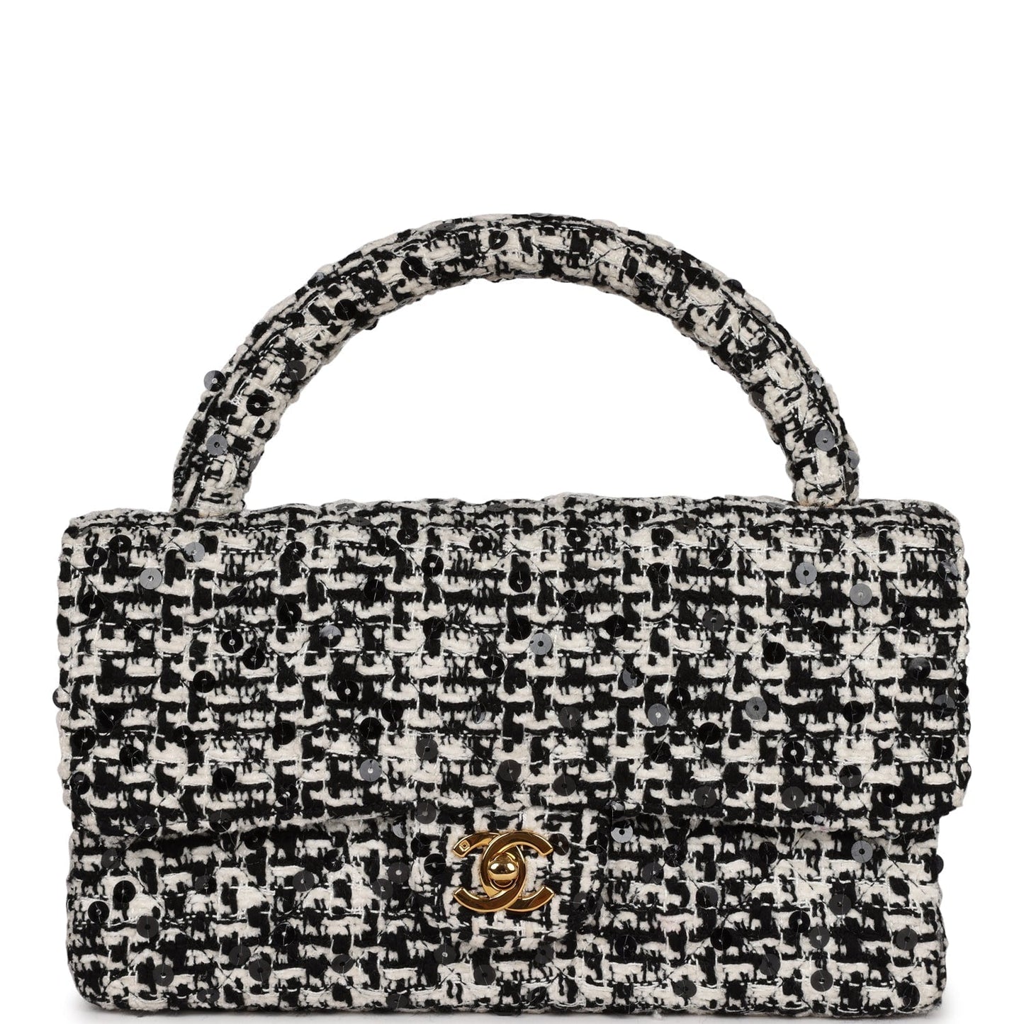 Chanel  Kelly Parent Flap Black and White Sequin Tweed Gold Hardware