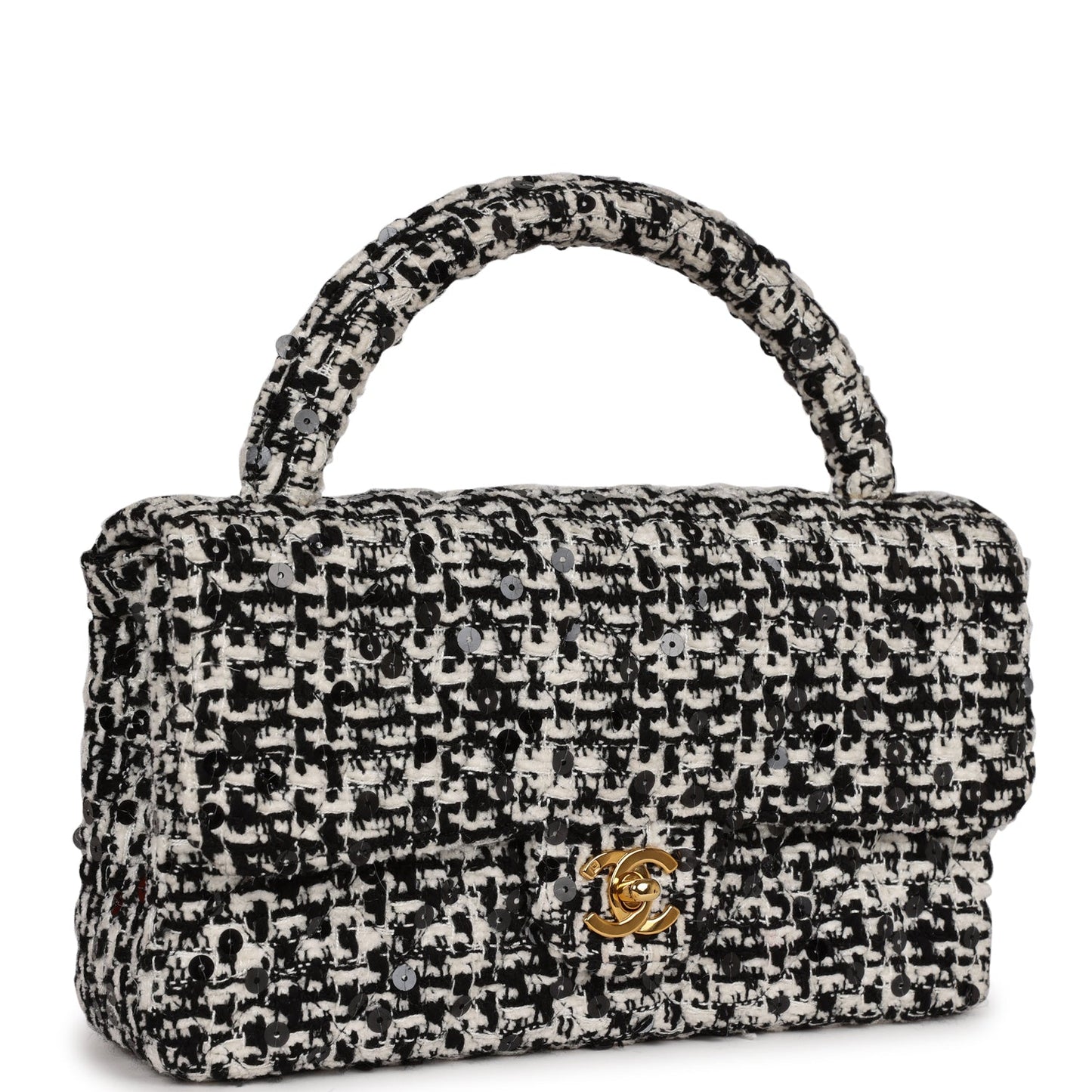Chanel  Kelly Parent Flap Black and White Sequin Tweed Gold Hardware