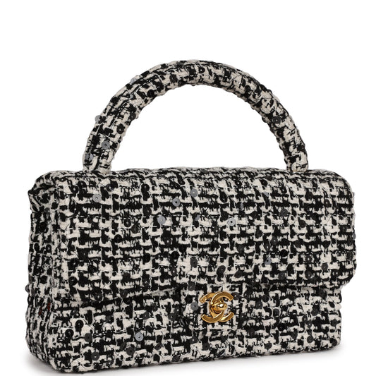Chanel  Kelly Parent Flap Black and White Sequin Tweed Gold Hardware