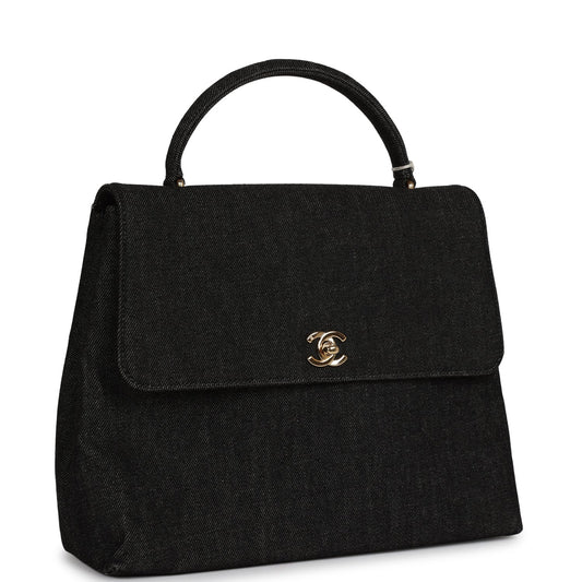 Chanel  Kelly Top Handle Bag Black Denim Gold Hardware