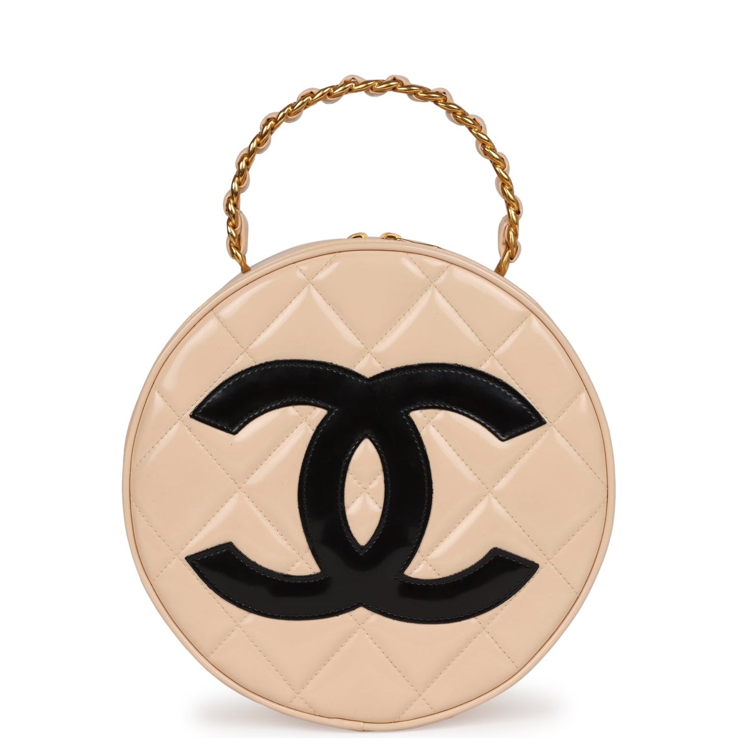 Chanel  Round Vanity Bag Beige and Black Patent Leather Antique Gold Hardware