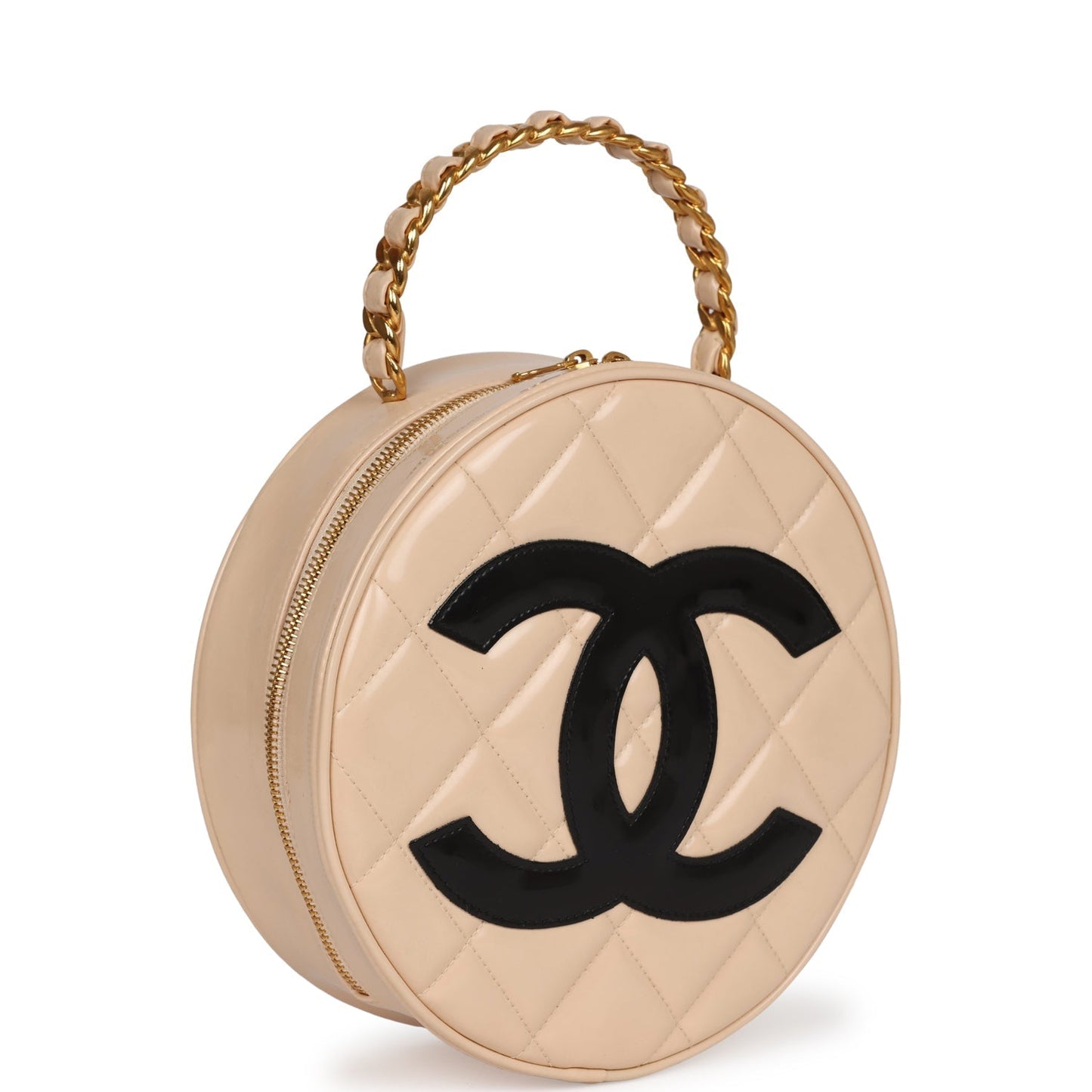Chanel  Round Vanity Bag Beige and Black Patent Leather Antique Gold Hardware