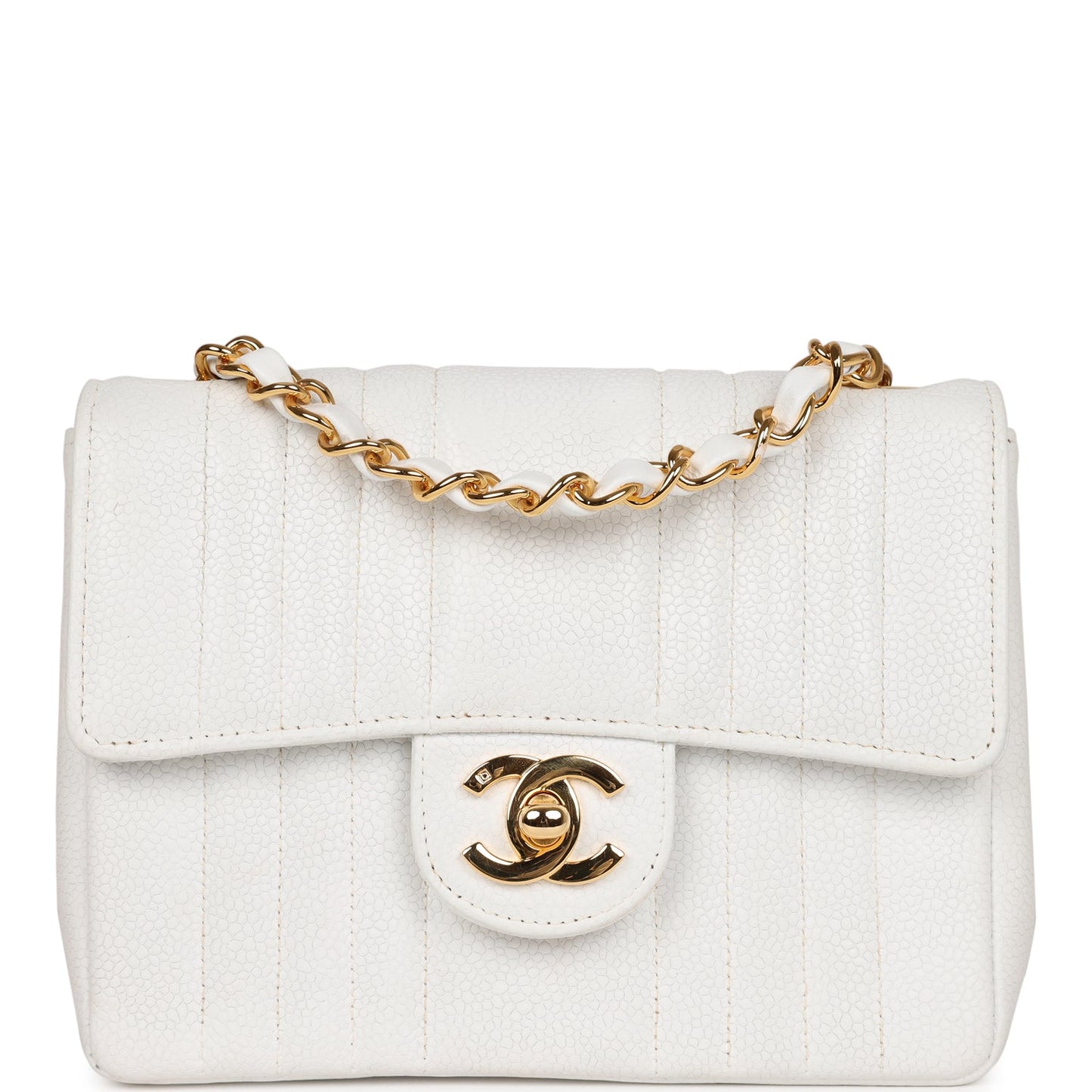 Chanel  Mini Square Flap Vertical Stripe White Caviar Gold Hardware