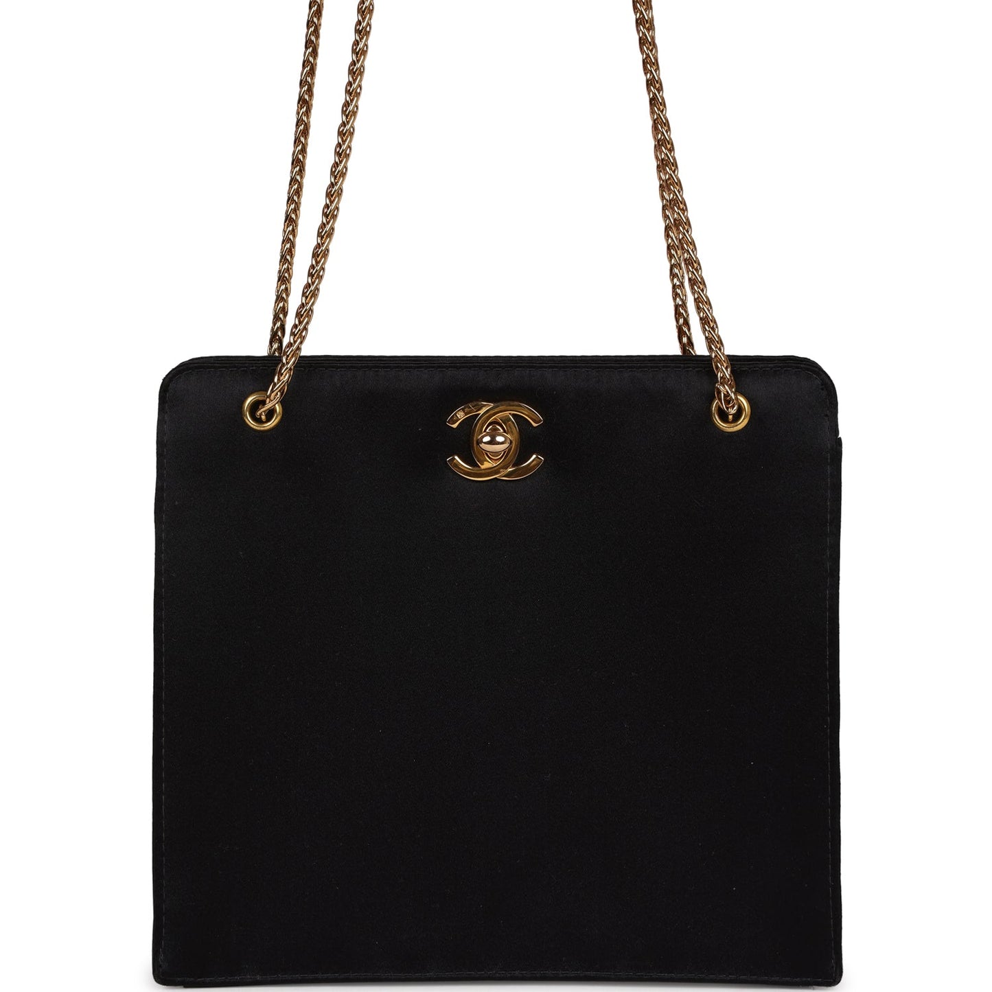 Chanel  Square Shoulder Bag Black Satin Gold Hardware