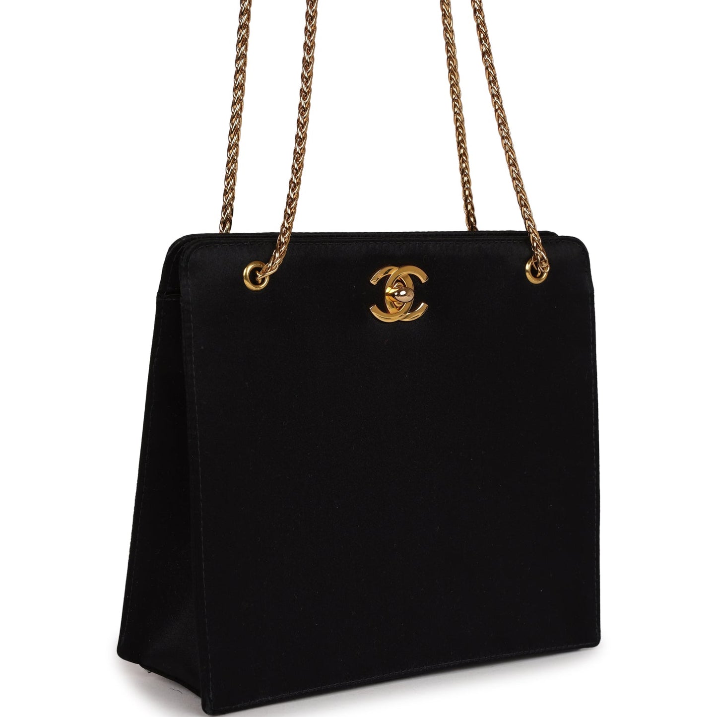 Chanel  Square Shoulder Bag Black Satin Gold Hardware