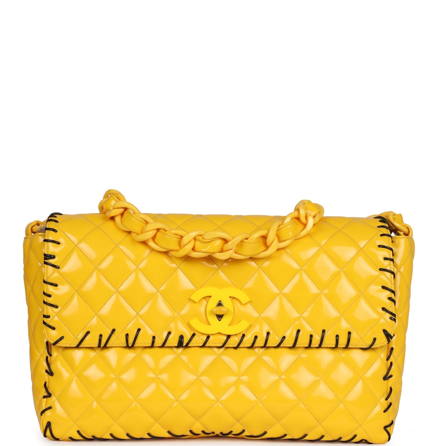 Chanel XL Jumbo Stitch Flap Bag Yellow Patent Leather Yellow Acrylic Hardware