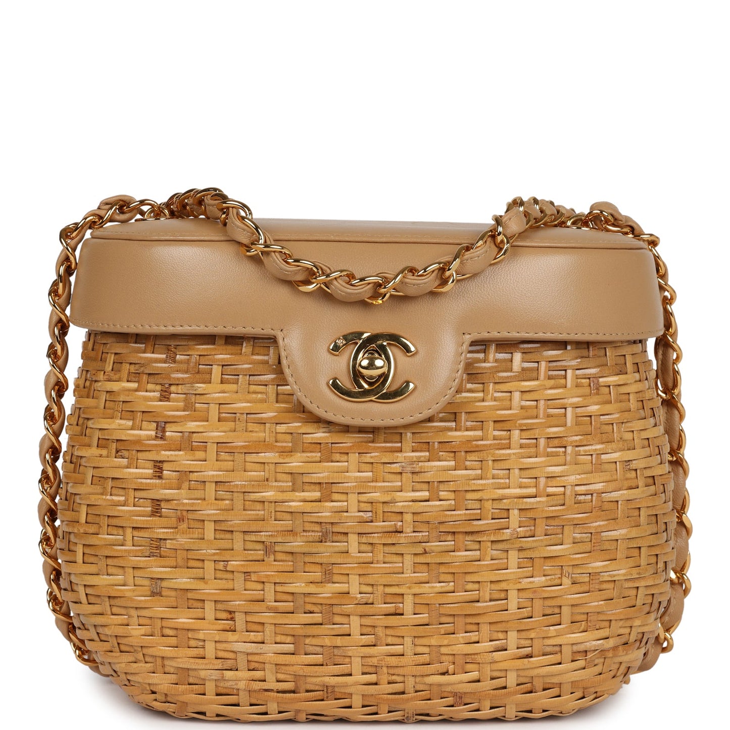 Chanel  Basket Bag Beige Lambskin and Rattan Wicker Gold Hardware