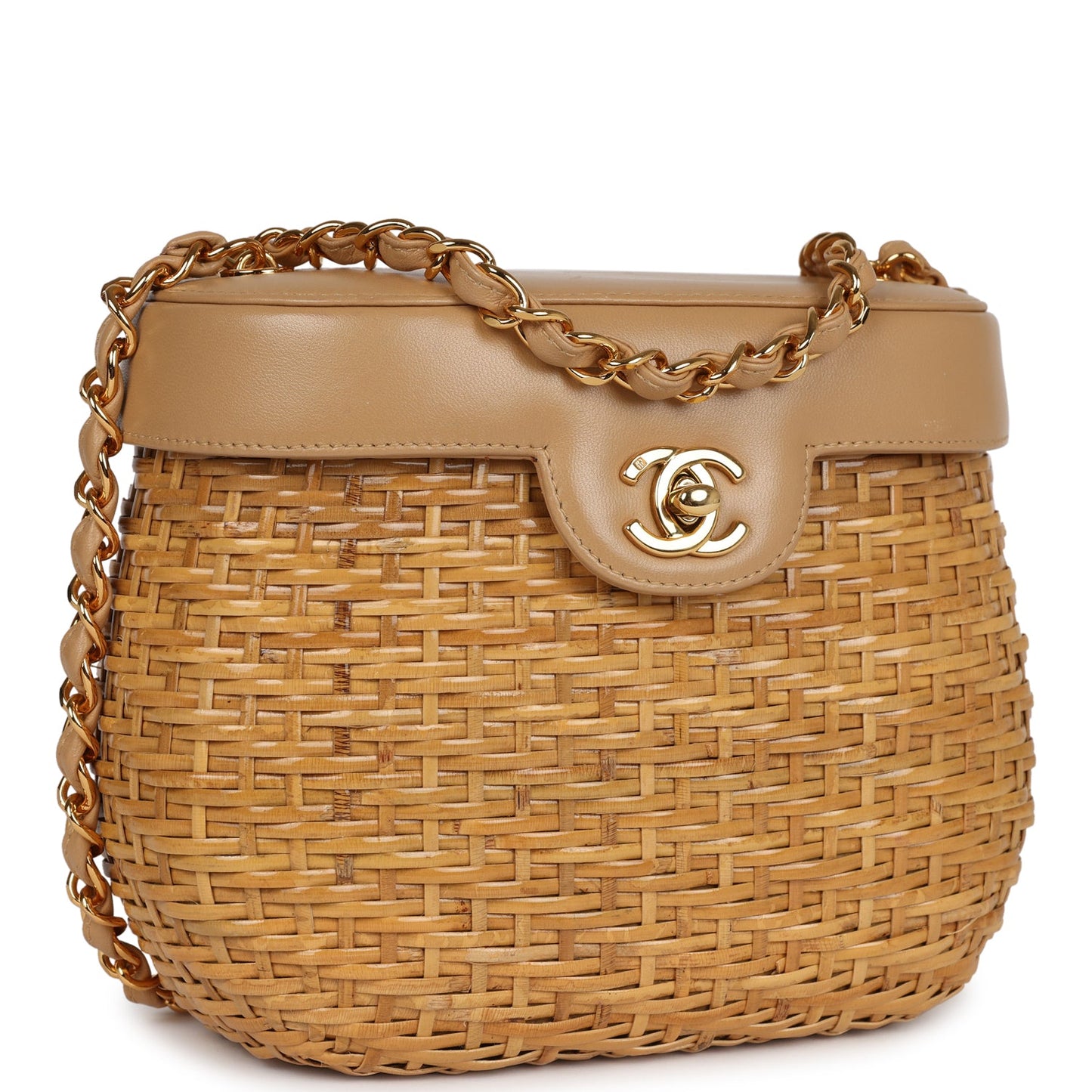 Chanel  Basket Bag Beige Lambskin and Rattan Wicker Gold Hardware