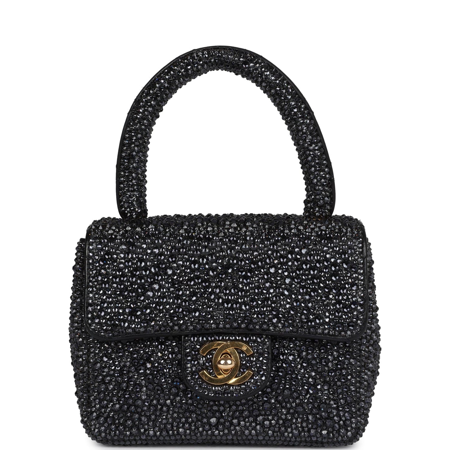 Custom Black Swarovski Crystal Chanel Mini Kelly Flap Bag Black Lambskin Gold Hardware