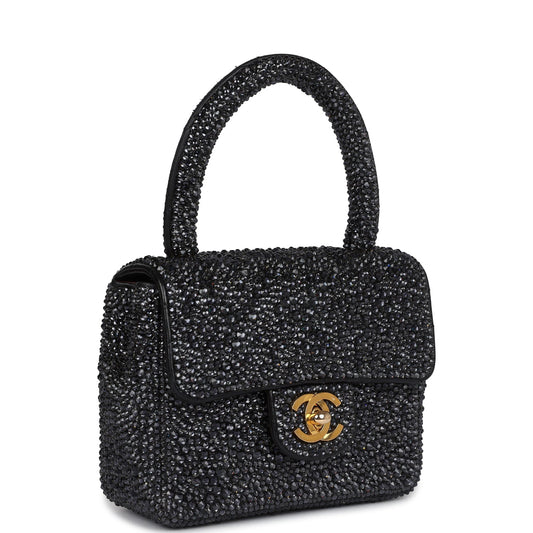 Custom Black Swarovski Crystal Chanel Mini Kelly Flap Bag Black Lambskin Gold Hardware