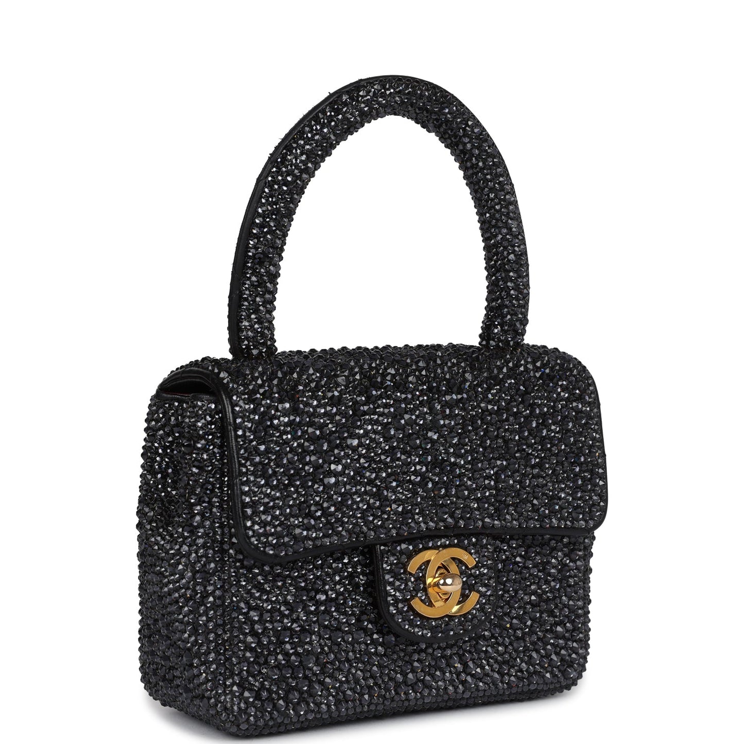 Custom Black Swarovski Crystal Chanel  Mini Kelly Flap Bag Black Lambskin Gold Hardware