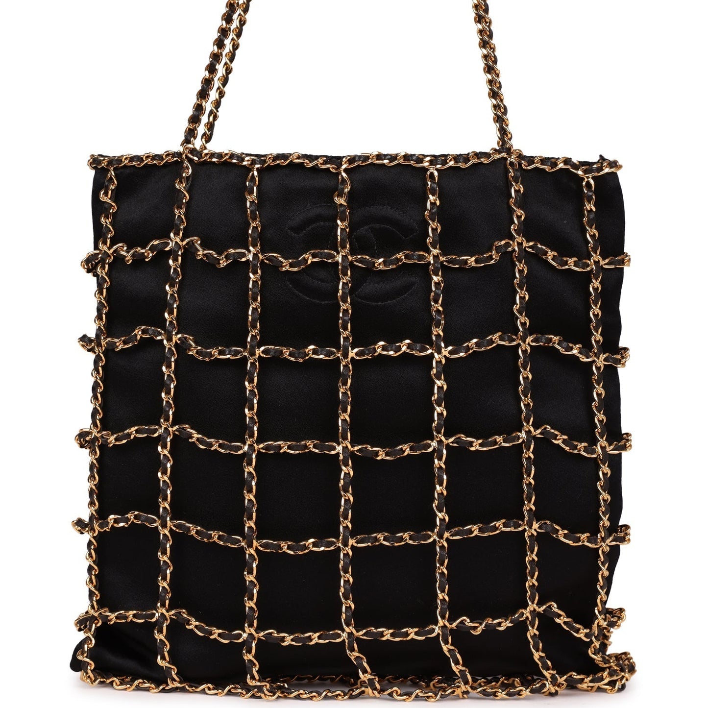 Chanel  Chain Frame CC Shopping Tote Black Satin Gold Hardware