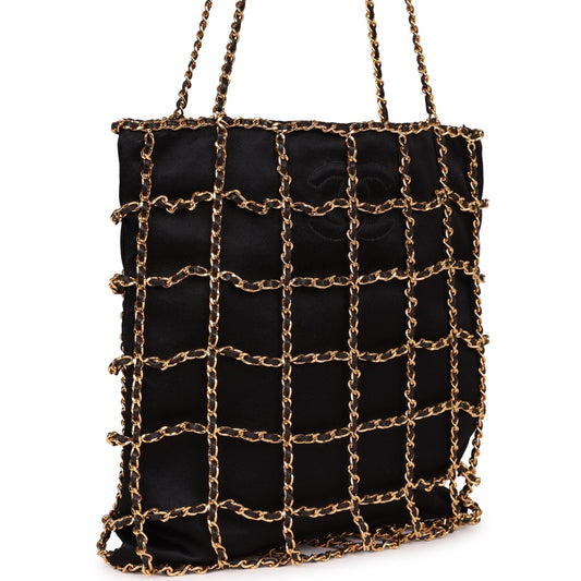 Chanel  Chain Frame CC Shopping Tote Black Satin Gold Hardware