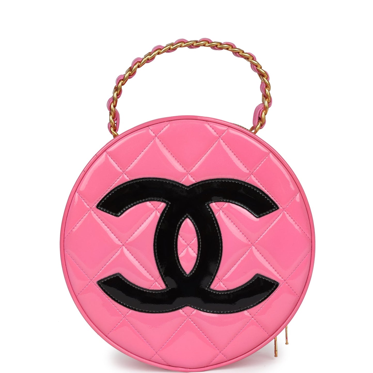 Chanel  Round Vanity Bag Pink and Black Patent Leather Antique Gold Hardware