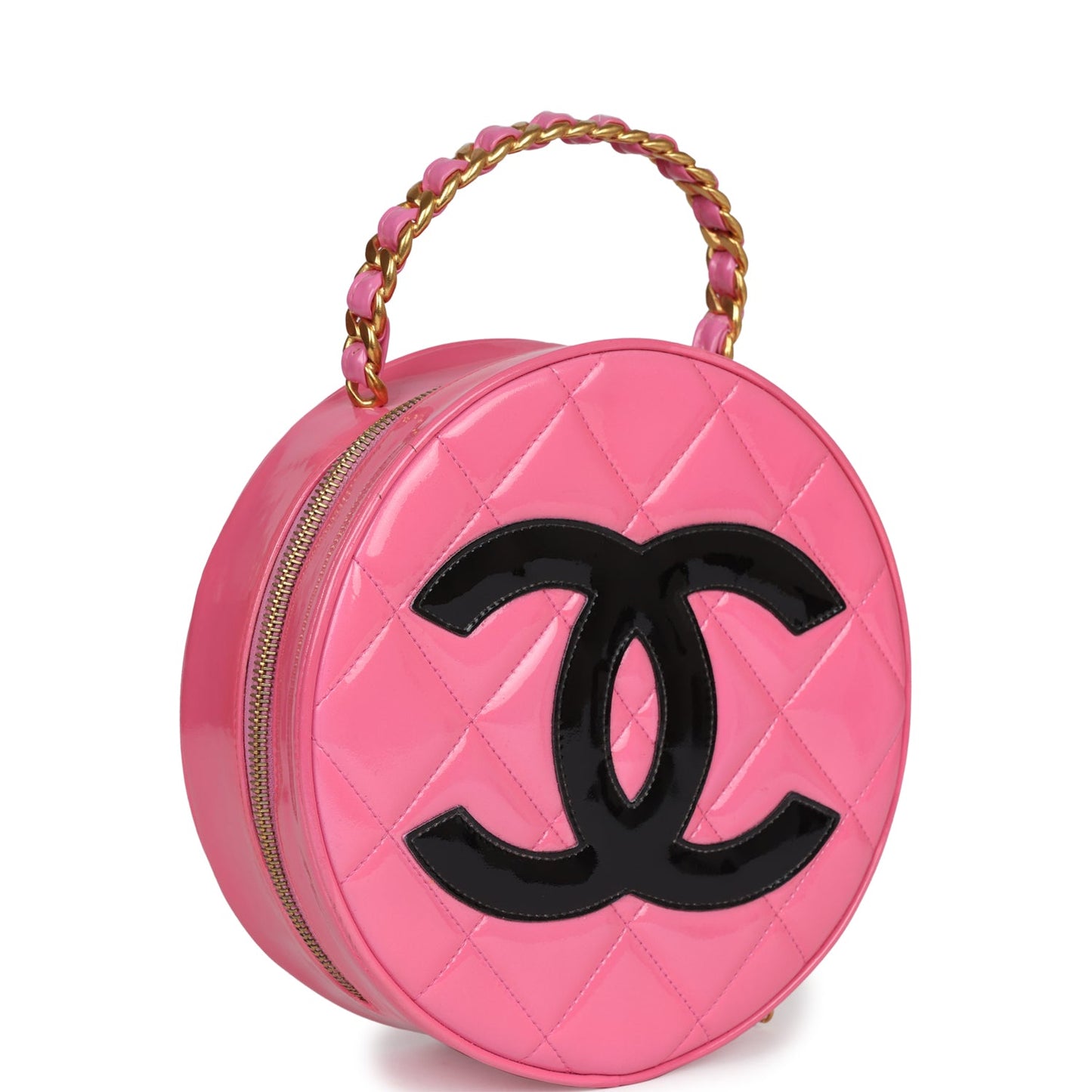 Chanel  Round Vanity Bag Pink and Black Patent Leather Antique Gold Hardware