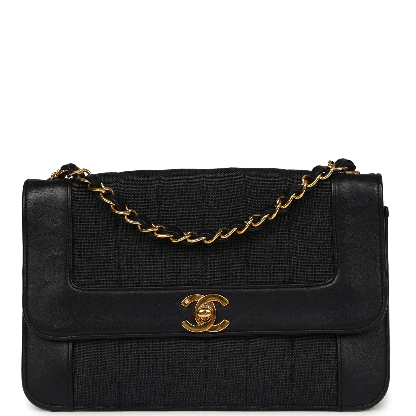 Chanel  Vertical Border Flap Bag Black Linen and Lambskin Gold Hardware
