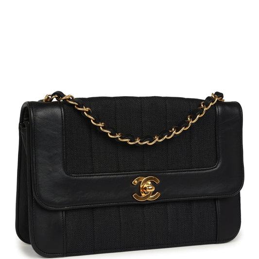 Chanel  Vertical Border Flap Bag Black Linen and Lambskin Gold Hardware