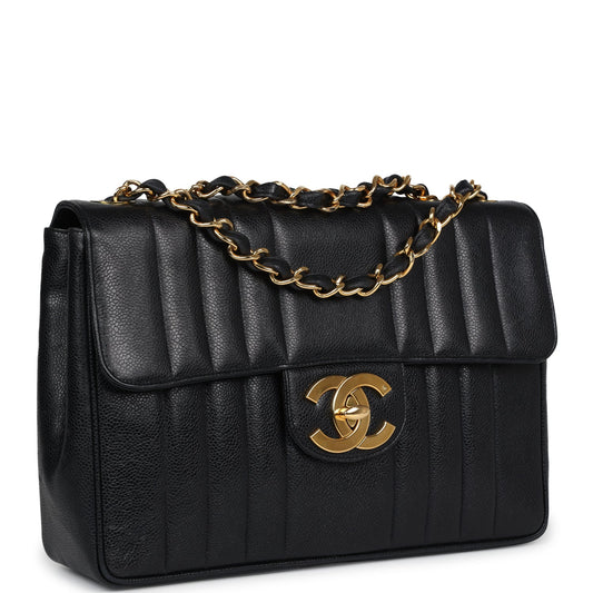 Chanel  XL Jumbo Mademoiselle Vertical Flap Black Caviar Gold Hardware