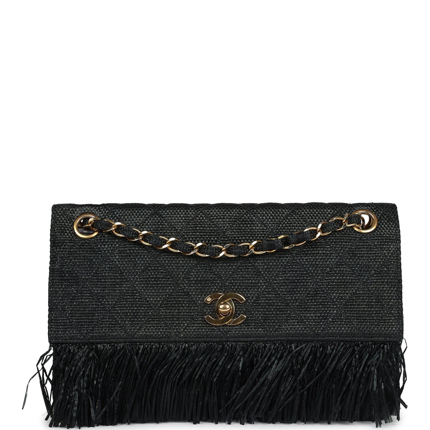 Chanel  Quilted Fringe Single Flap Bag Black Raffia Gold Hardware