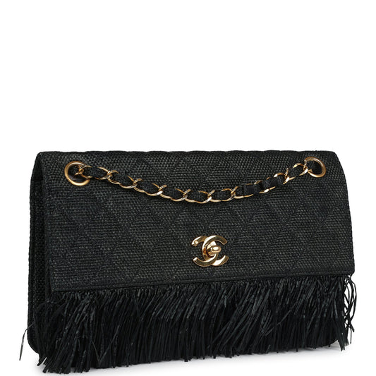 Chanel  Quilted Fringe Single Flap Bag Black Raffia Gold Hardware