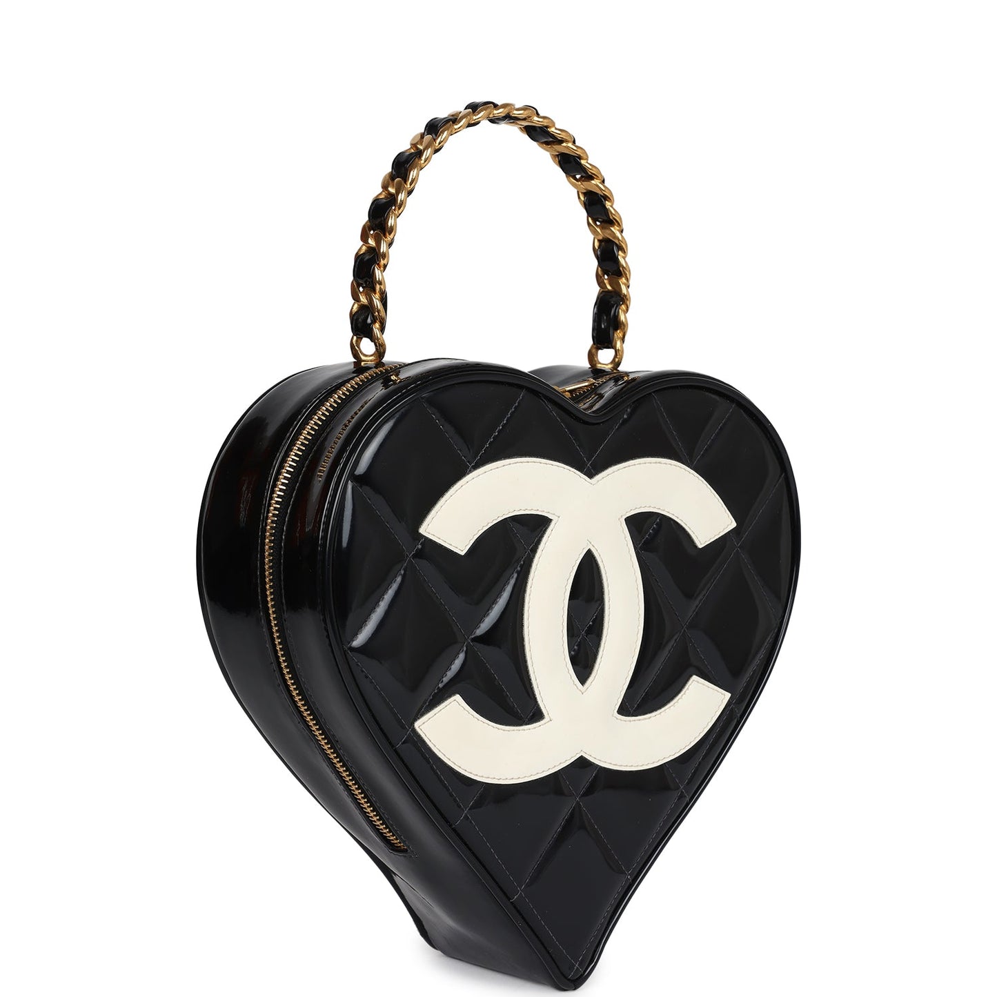 Chanel Heart Vanity Bag Black and White Patent Antique Gold Hardware