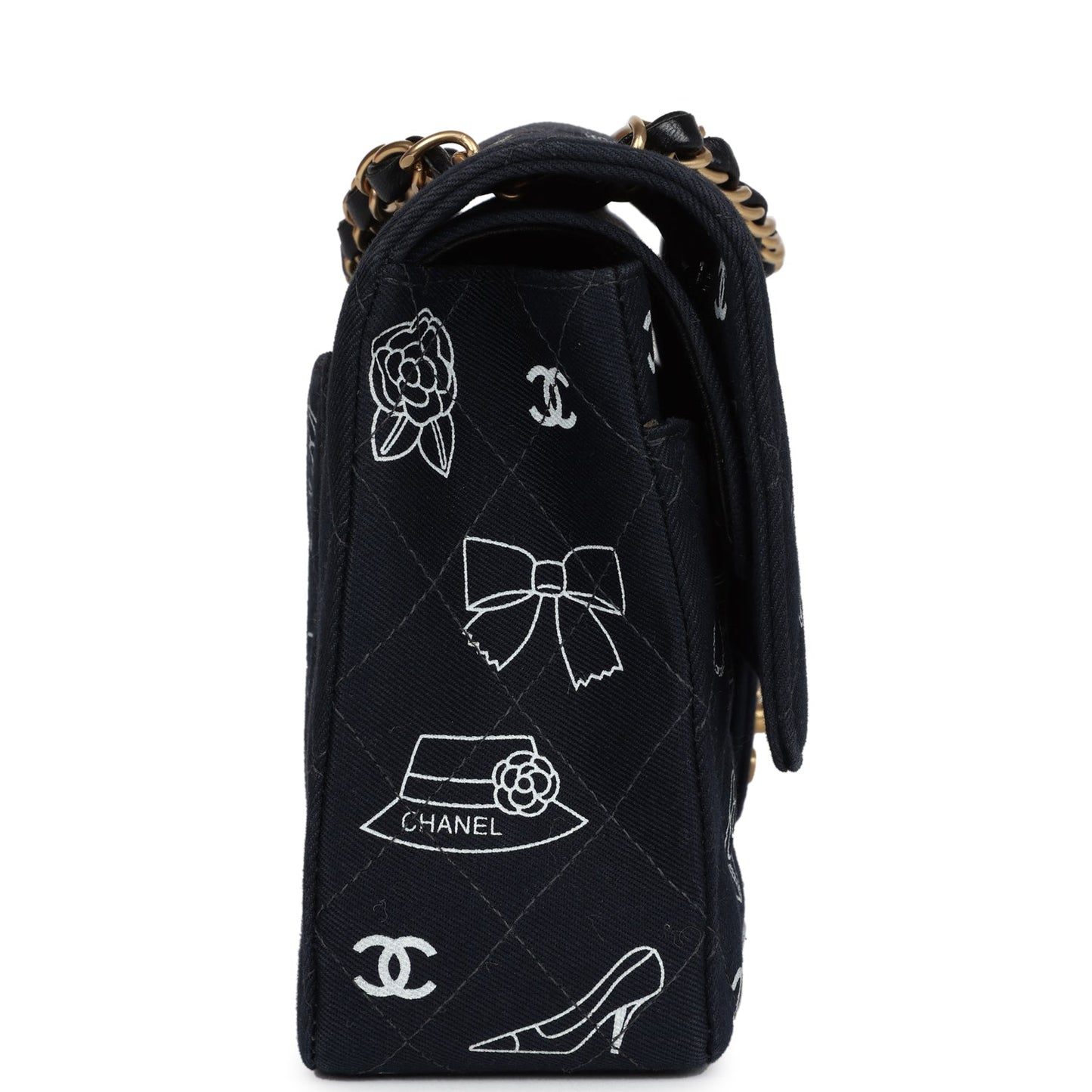 Chanel Medium Icon Print Double Flap Bag Navy Canvas Brushed Gold Hardware Classic Flap