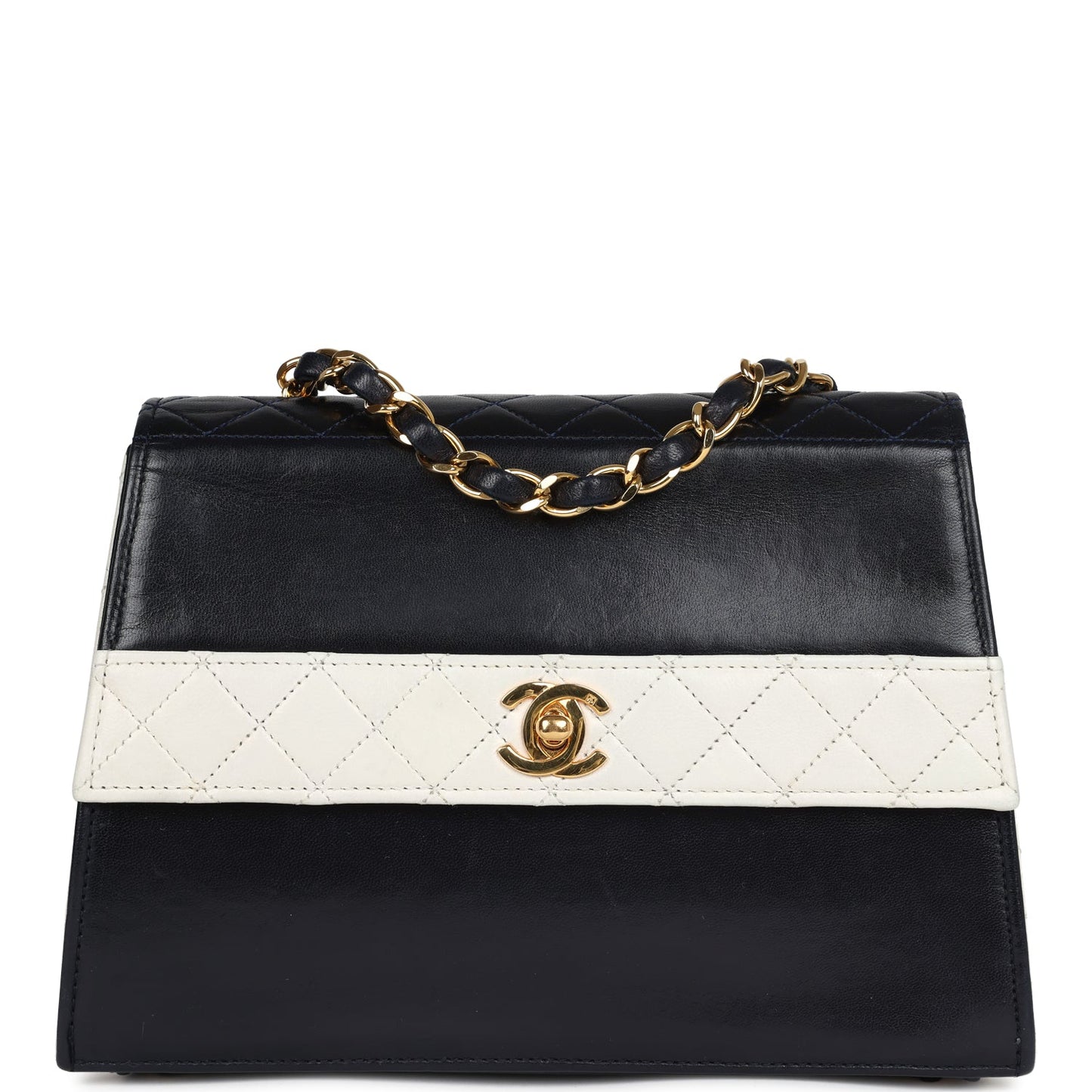 Chanel  Trapezoid Flap Bag Navy and White Lambskin Gold Hardware