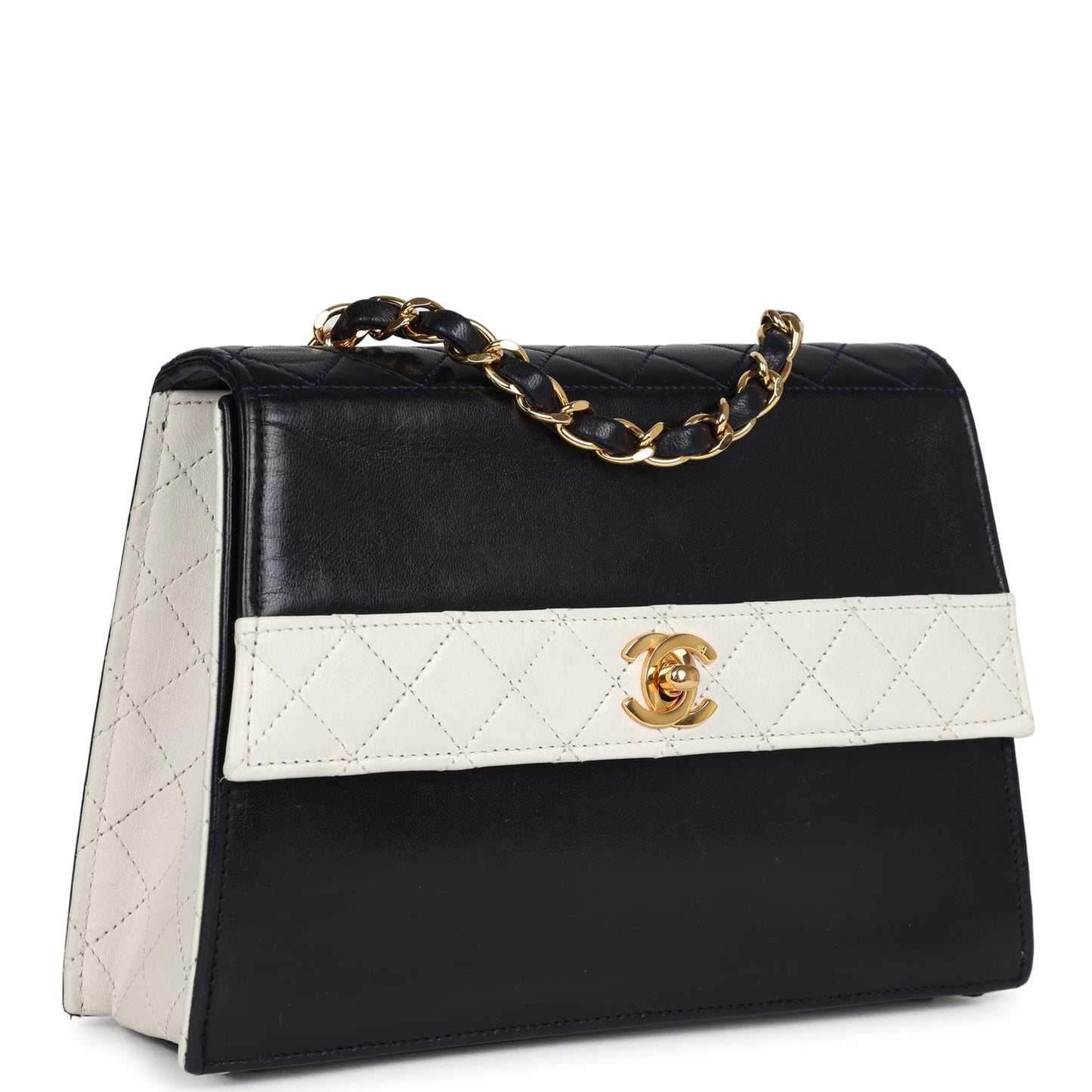 Chanel  Trapezoid Flap Bag Navy and White Lambskin Gold Hardware