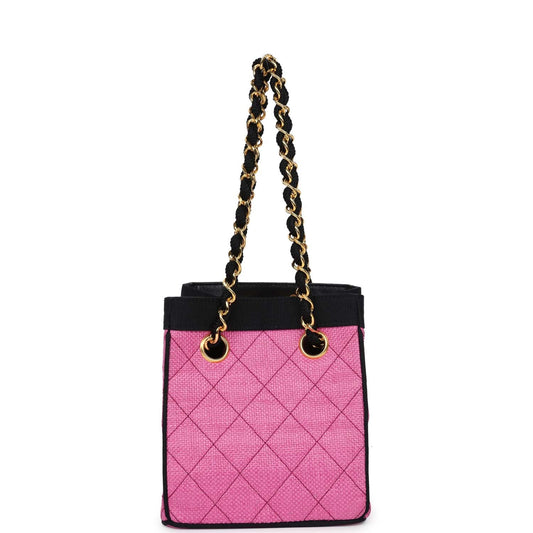 Chanel  Set of Two Mini Bucket Bag & Oval Handbag Pink and Black Raffia Gold Hardware